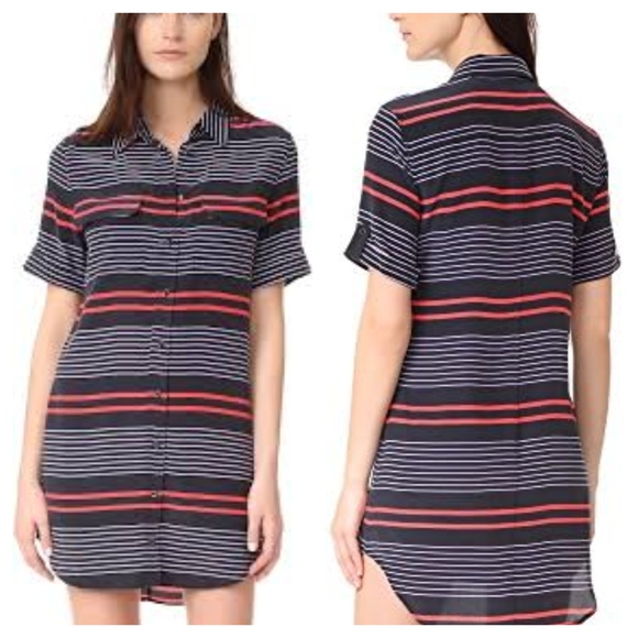 Equipment Dresses & Skirts - Equipment Femme Womens Blue Red 100% Silk Striped Shirtdress Dress Petite Small